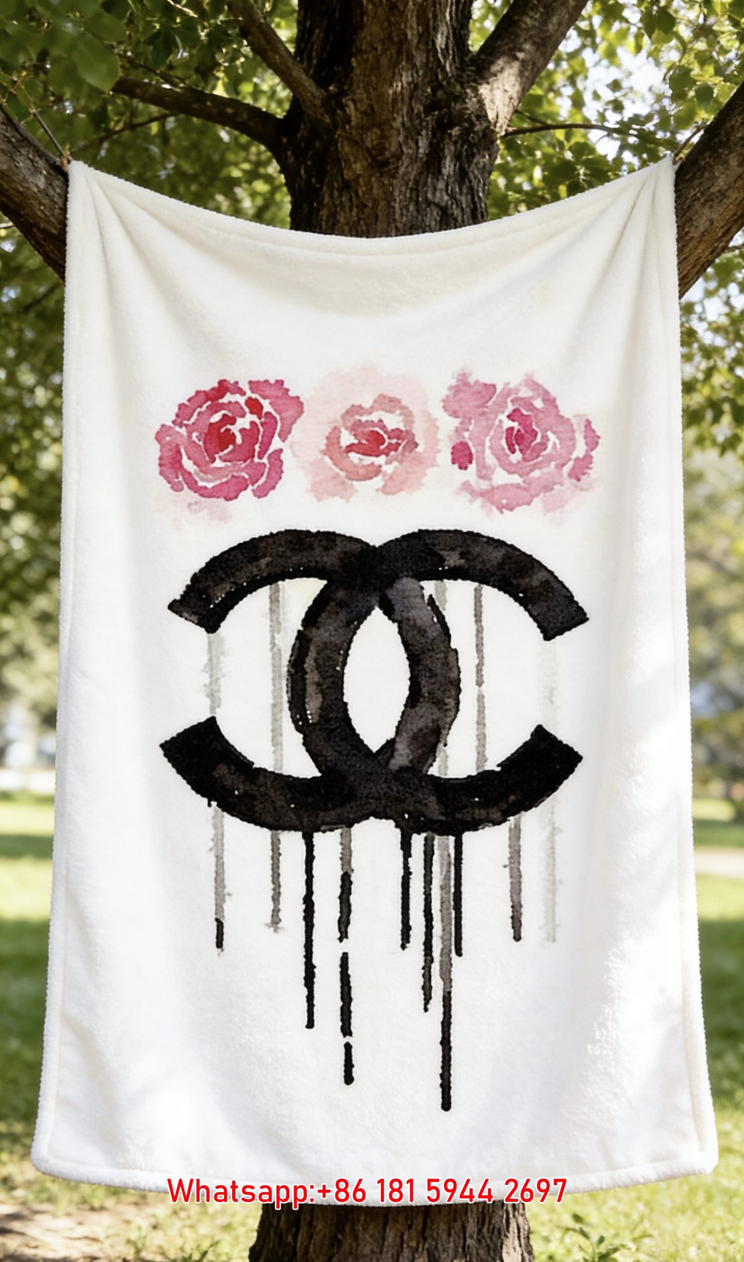 Chanel Watercolor Pink Rose Dripping Ink CC Logo Flannel Throw Blanket IMG_6664